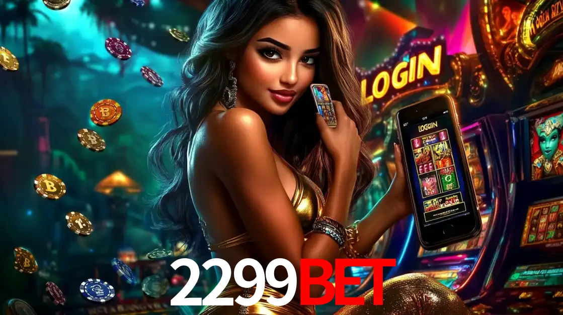 Mulher em um cenário de cassino temático de aventura, mostrando o app de caça-níqueis da 2299bet no celular. Fichas de apostas flutuam ao redor.