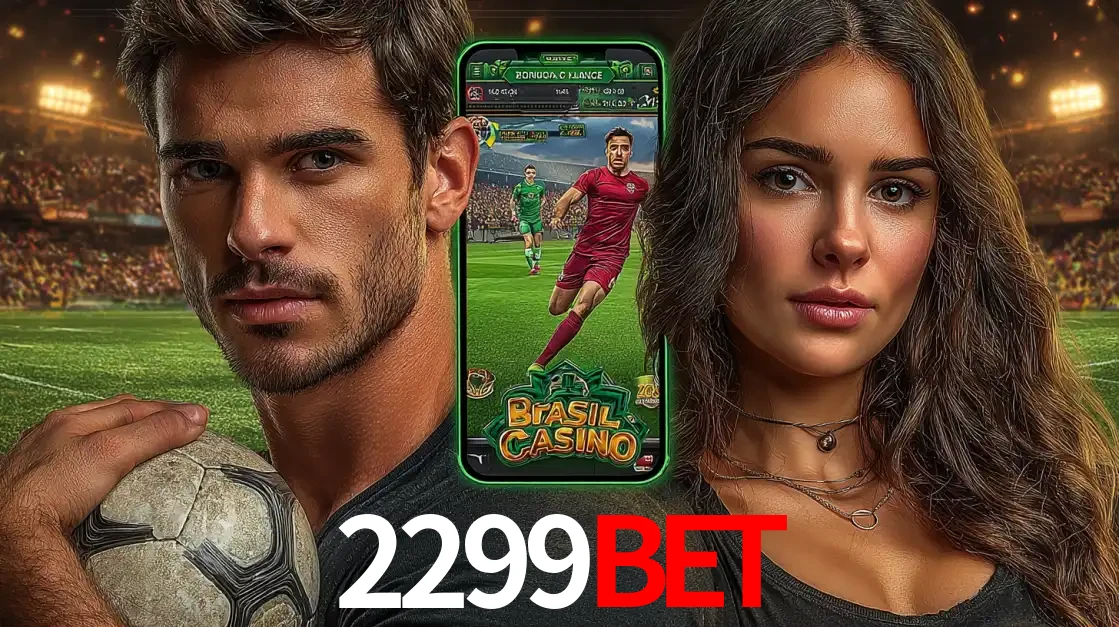 Homem segurando uma bola de futebol e uma mulher ao lado de um smartphone exibindo o jogo de apostas esportivas da 2299bet. Faça seu palpite no cassino online.